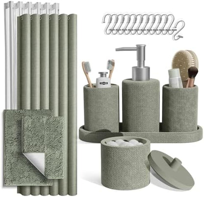 Clara Clark Sage Green Bathroom Set - Bathroom Sets with Shower Curtain and Rugs, 21PC Bathroom Accessory Set, Shower Curtain Set with Soap Dispenser & Toothbrush Holder