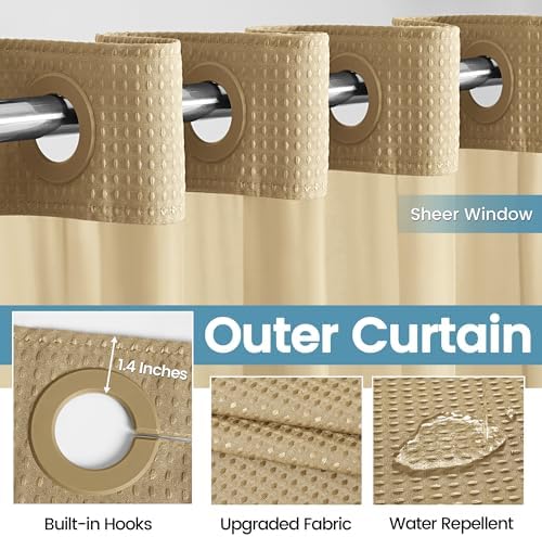 EUTXL Heavyweight No Hook Shower Curtain with Liner, Beige, 54x80
