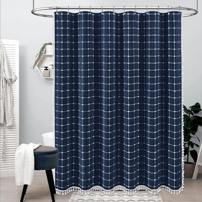 BTTN Extra Long Boho Farmhouse Linen Shower Curtain Set, 72x96, Navy Blue