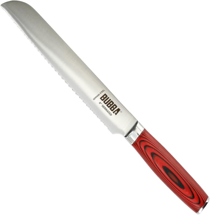 BUBBA Kitchen Series 8" Serrated Knife for easily slicing through bread crusts, meats, tomatoes and more with a premium German Steel Blade.