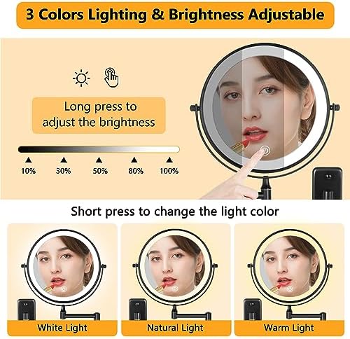 DECLUTTR Rechargeable Wall Mounted Lighted Makeup Mirror, 8 inch 10X Magnifying Mirror with 3 Color Lights, Dimmable Touch Screen Makeup Mirror with Lights for Bathroom, Black