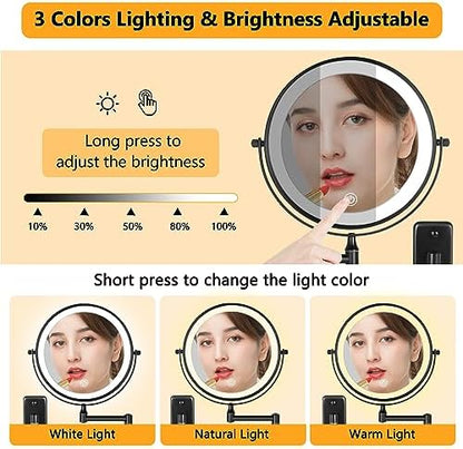 DECLUTTR Rechargeable Wall Mounted Lighted Makeup Mirror, 8 inch 10X Magnifying Mirror with 3 Color Lights, Dimmable Touch Screen Makeup Mirror with Lights for Bathroom, Black
