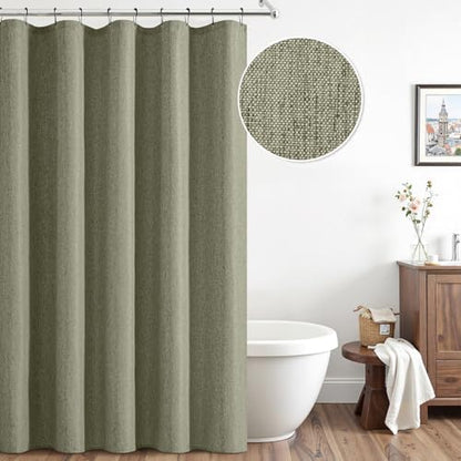 ANRODUO Olive Green Linen Textured Fabric Shower Curtain Set - W60xL72