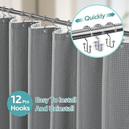 Vipfree 3 in 1 Shower Curtain Set, Waffle Shower Curtain and Liner Set with 12 Double Sided Shower Curtain Hooks, 258GSM Luxury Weighted Cloth Shower Curtains for Bathroom, 72 W x 84 H, Grey