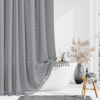 Dynamene Extra Long Boho Shower Curtain Tufted Chevron 72"x96" Grey