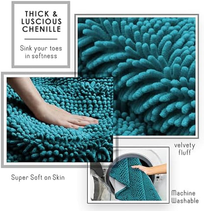 Hearth & Harbor Bathroom Rugs, Chenille Bath Mat - Machine Washable Bath Mats for Bathroom Non-Slip Backing Rubber, Quick Dry Bathroom Mat - Teal Blue 17x24-20x24