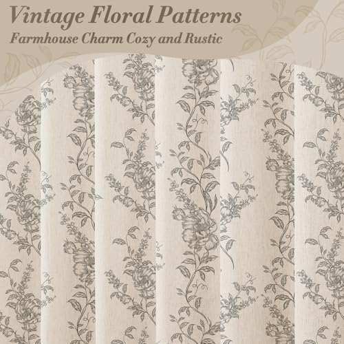Grey Linen Farmhouse Shower Curtain, Boho Floral Bathroom 72x84