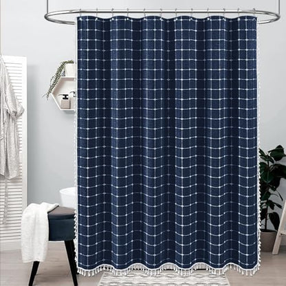 BTTN 54x78 Boho Farmhouse Linen Heavy Duty Shower Curtain Set, Navy Blue