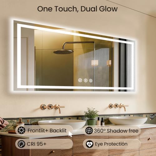 72"x30" LED Bathroom Mirror with Anti-Fog, Backlit & Front Lights, Memory