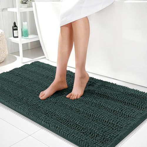 OLANLY Thick Bathroom Runner Rugs 44x24, Chenille Bath Rugs, Blackish Green
