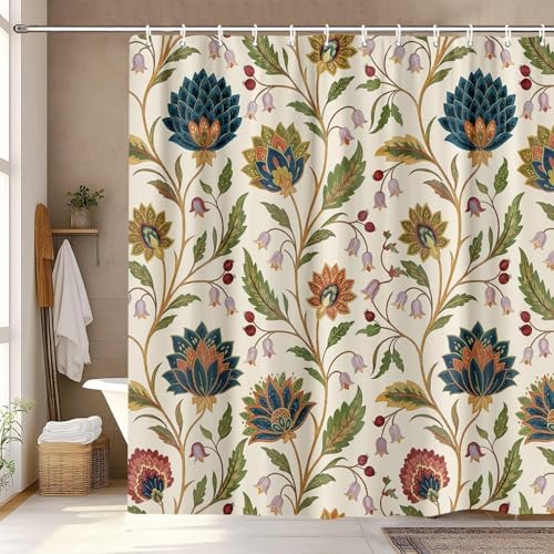 Vintage Floral Shower Curtain for Bathroom, Rustic Farmhouse Beige and Teal Sage Green Boho Botanical Shower Curtains, Retro Cottagecore Wildflower Aesthetic Bath Curtain Set with Hooks， 72 x 84 Inch