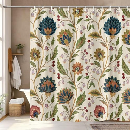 Vintage Floral Shower Curtain for Bathroom, Rustic Farmhouse Beige and Teal Sage Green Boho Botanical Shower Curtains, Retro Cottagecore Wildflower Aesthetic Bath Curtain Set with Hooks， 72 x 84 Inch