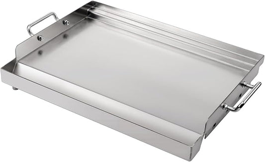 LotFun 17" x 13" Stainless Steel Cooking Griddle for Outdoor Gas Grill, Universal Griddle Flat Top Plate Insert with Grease Groove and Removable Handles for Electric/Charcoal/Gas Grill, Camping,Party