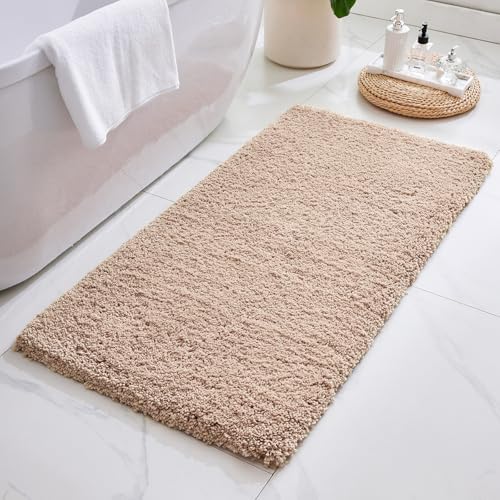 ILANGO Beige Bathroom Rugs 48" × 24" Non Slip & Super Absorbent Extra Thick Soft, Washable Bath Mat for Floor, Microfiber Plush Shaggy Bath Rug with Rubber for Bathtub Shower Room Sink