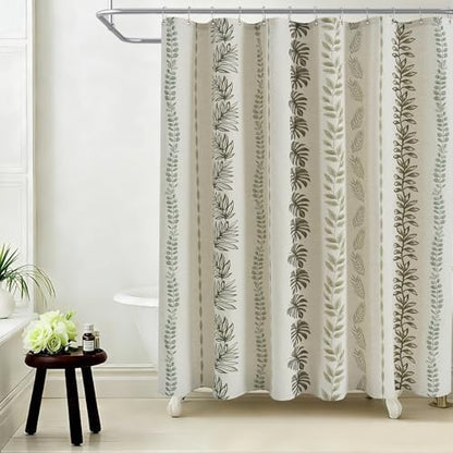 ORTIGIA Linen Striped Shower Curtain 72x84 Inch Extra Long with Metal Hooks,Sage Green Leaf Botanical Waterproof Natural Linen Bath Curtain for Rustic Farmhouse Bathroom Decor