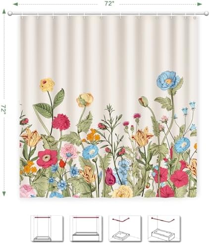Vintage Floral Shower Curtain, Retro Wildflowers Shower Curtain 72x72