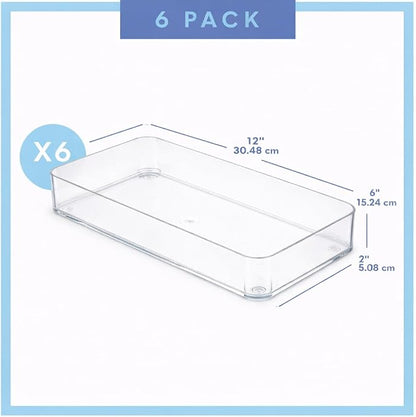 primebox Plastic Clear Acrylic Drawer Organizers. Bathroom, Kitchen, Bedroom, Utensils, Office Organizer Bins, Storage Trays. Heavy Duty, Stackable. 12" x 6" x 2" Set of 6