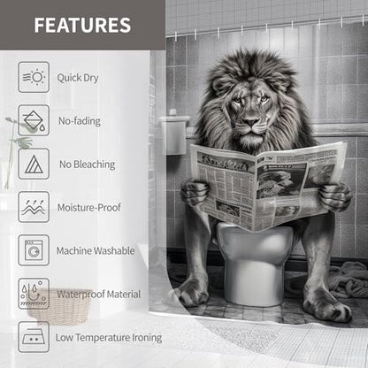 Farmhouse Funny Lion Mens Shower Curtain for Bathroom 72W*72H Inch Black and White Humor Animal Reading on Toilet Bathtub Decor Western Country Animal Waterproof Polyester Fabric Set with 12 Hooks