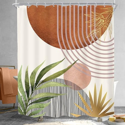 Mid Century Green Boho Abstract Modern Brown Bathroom Shower Curtain Set