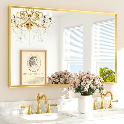 TETOTE Brushed Brass Frame Mirror for Bathroom Wall 48" x 30" Brushed Gold Beveled Rectangle Bathroom Vanity Mirror for Over Sink, Bedroom, Entryway, Living Room, Tempered Glass, Stronger Frame