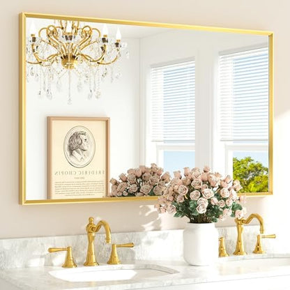 TETOTE Brushed Brass Frame Mirror for Bathroom Wall 48" x 30" Brushed Gold Beveled Rectangle Bathroom Vanity Mirror for Over Sink, Bedroom, Entryway, Living Room, Tempered Glass, Stronger Frame