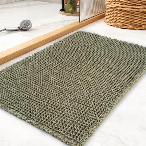 tchdio Waffle Bath Mat, Super Absorbent Non Slip Bath Mat Ultra Soft Bathmat Machine Washable Bath Rugs with Tassels, Beside Tub, 24" x 36"