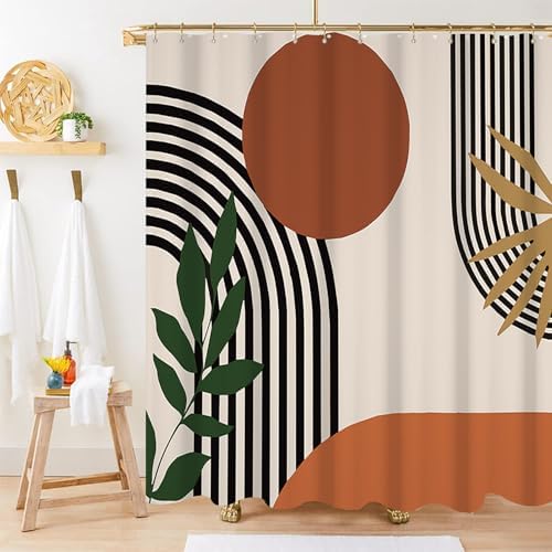 Mid Century Boho Shower Curtain, Abstract Minimalist Sunrise Fabric Shower Curtain Set Orange Waterproof Polyester Morden Abstract Leaves and Arch Bathroom Curtain Set with Hooks, 72x78 Inch