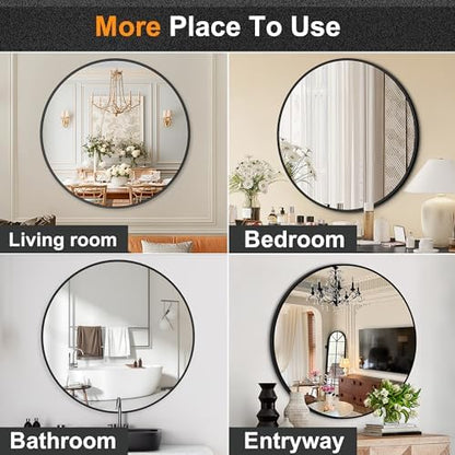 Delma 30 Inch Black Round Circle Mirror for Bathroom Wall, Metal Frame