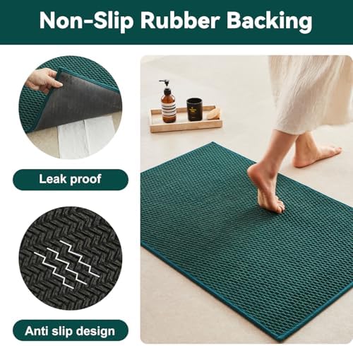 Triohero Bathroom Rugs Non Slip Washable, Super Absorbent Thin Bath Mat Small Quick Dry Low Pile Bathroom Rug, Dark Green 20"x30"