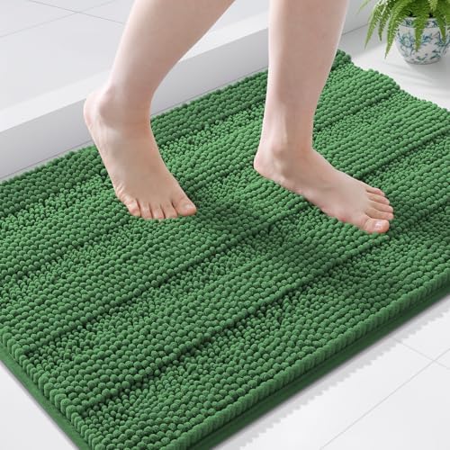 Grandaily Chenille Striped Bathroom Rugs 36x24, Extra Thick and Soft Absorbent Bath Mats, Rubber Backing, Plush Shaggy Shower Carpet, Machine Wash Dry, Bath Rug for Bathroom, Olive Green