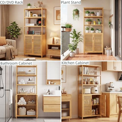 HIFIT 6-Tier Bamboo Book Shelves with 2 Door, Tall Bathroom Storage Cabinet
