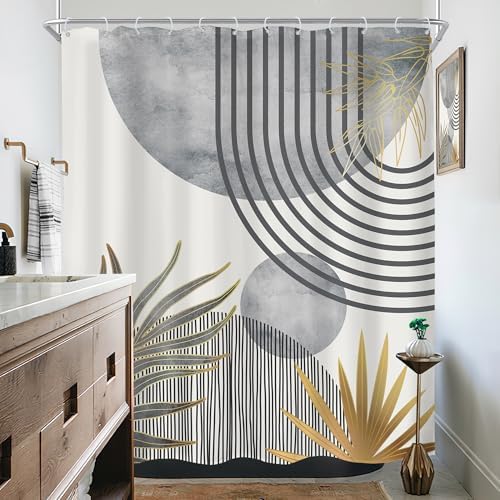 Mid Century Boho Abstract Gray Modern Gold Bathroom Shower Curtain Set
