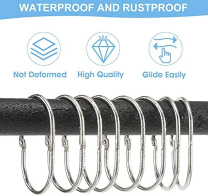 Goowin 24 Pcs Shower Curtain Rings, Shower Curtain Hooks, Oval Snap Shower Rings for Curtain, Metal Shower Curtain Rings Rust Proof, Glide Smoothly Shower Hooks for Shower Curtain Rod (Nickel)