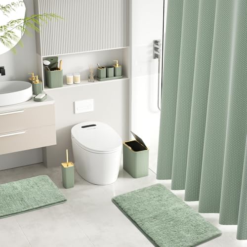 Bathroom Set - Bathroom Sets with Shower Curtain and Rugs, Sage Green Bathroom Set, 27PC Bathroom Accessories Set, Mini Trash Can, Toilet Brush, Trash Can & Soap Dispenser