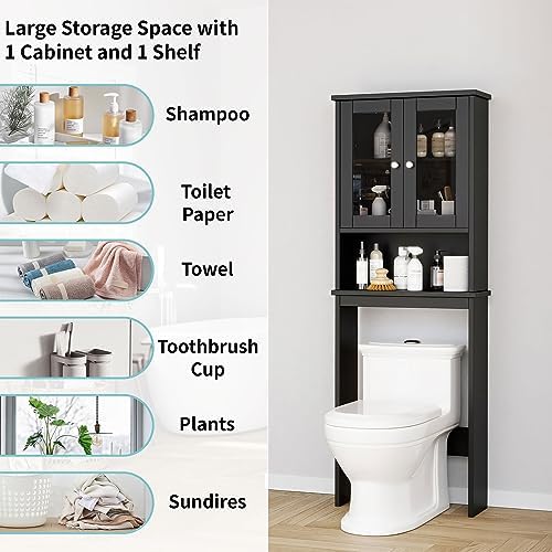 Shintenchi Over The Toilet Storage Cabinet, Bathroom Shelf Organizer with Anti-Tip Device Small Freestanding Space Saver with Adjustable Shelf and Glass Door, Black