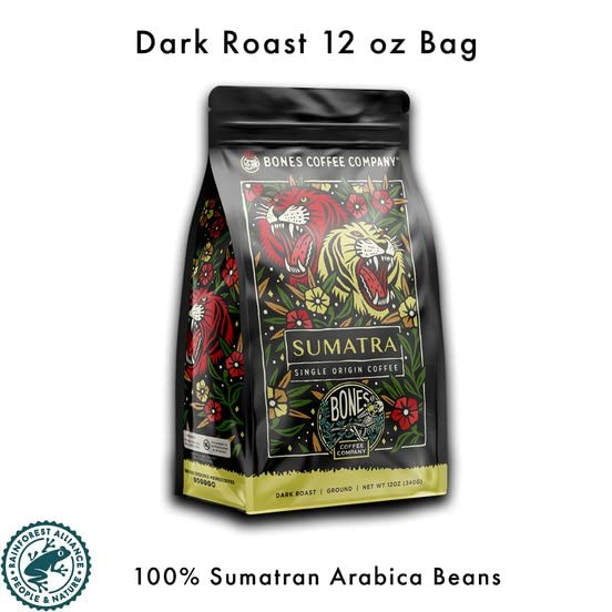 Bones Coffee Company Sumatra Single-Origin, Dark Chocolate, Smoky, Earthy Notes, Ground Coffee Beans, Low Acid Dark Roast Arabica Beans Flavored Coffee, 12 oz Ground