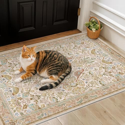 Large Entryway Rugs Indoor - Beige 3x4 Washable Rugs for Kitchen Bedroom Beside Bed Door Mat Indoor Entrance with Vintage Woodland Flowers, Non Slip Stain Resistant Low Pile