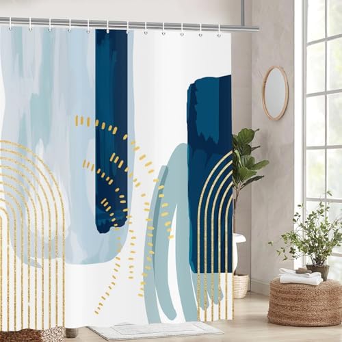 deFouliao Boho Shower Curtain, Mid Century Modern Blue Waterproof Shower Curtain for Bathroom Bathtub Home Curtain Decor with Hooks, 72Wx72L