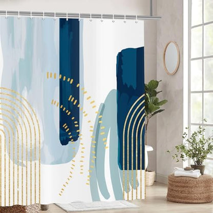 deFouliao Boho Shower Curtain, Mid Century Modern Blue Waterproof Shower Curtain for Bathroom Bathtub Home Curtain Decor with Hooks, 72Wx96L