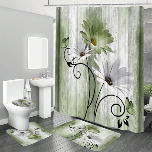 Onalasyc 4PCS Grass Green Daisy Bathroom Sets with Shower Curtain and Rugs