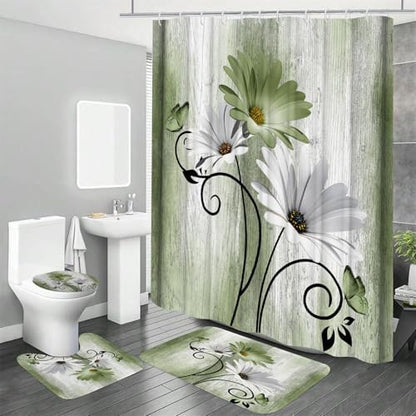 Onalasyc 4PCS Grass Green Daisy Bathroom Sets with Shower Curtain and Rugs