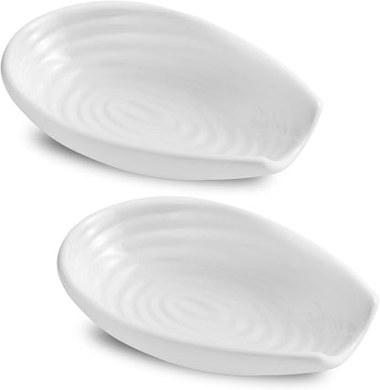 Spoon Holder for kitchen Counter, Porcelain Spoon Rest Set of 2 for Stove Top, Cooking Spatula Holder for Spoon, Ladle and Tong, Farmhouse Kitchen Coffee Bar Accessories and Decor, White