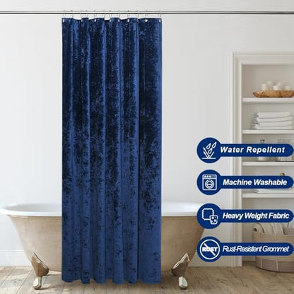 TAMGHO Crushed Velvet Shower Curtain, Navy Blue Shower Curtain Set with 12pc Polished Nickel Hooks, Machine Washable, Waterproof Lined Bathroom Curtain 72x72
