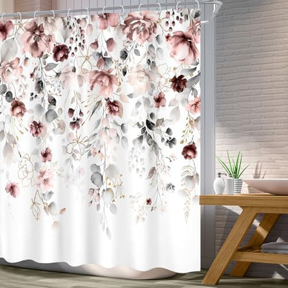 Floral Grey Pink Leaves Girls Watercolor Bathroom Shower Curtain Set