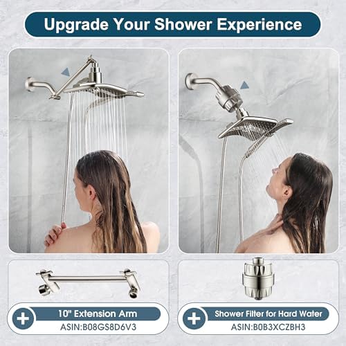BRIGHT SHOWERS High Pressure Shower Head Combo with Two Spray Setting Fixed Shower Head and Two Spray Settings Handheld Shower Head with Grey Face, Brushed Nickel
