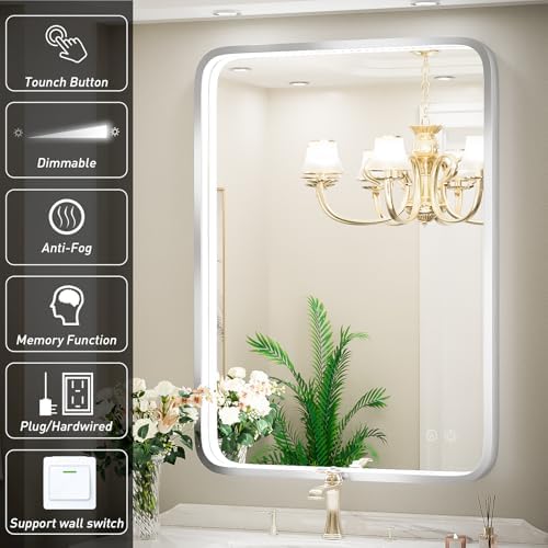 24x36 Inch LED Sliver Frame Bathroom Mirror,3-Color