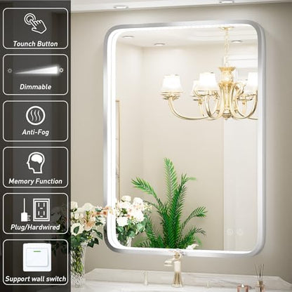 24x36 Inch LED Sliver Frame Bathroom Mirror,3-Color