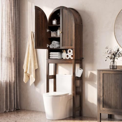 HMstone Over The Toilet Storage Cabinet, Arched Bathroom Organizer and Storage with Doors and Adjustable Shelf, Space-Saving Freestanding Bathroom Modern Storage Cabinet Over Toilet (Walnut)
