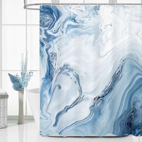 Blue Marble Fabric Shower Curtain, Abstract Watercolor, 72 x 72 Inches