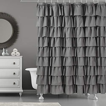 Gray Ruffle Shower Curtains For Bathroom, 72x72, Layered Tiered Ruffles
